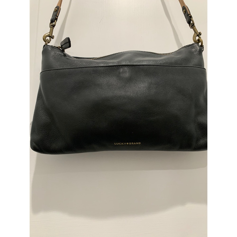 Lucky Brand Black Leather Crossbody Bag Tan Strap Brass Hardware Small Purse